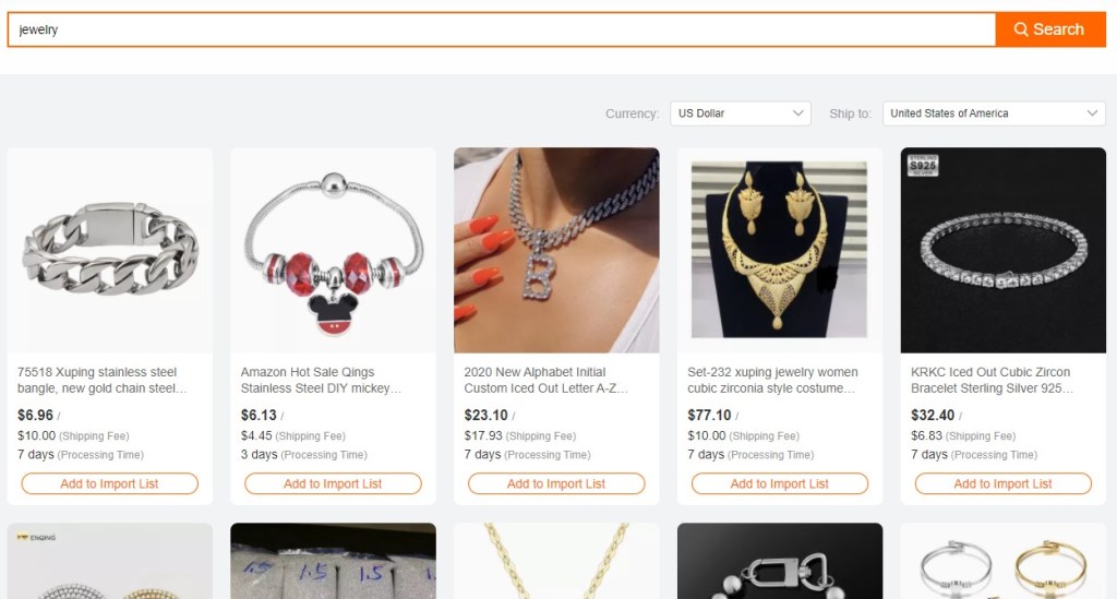 Alibaba dropshipping product search results
