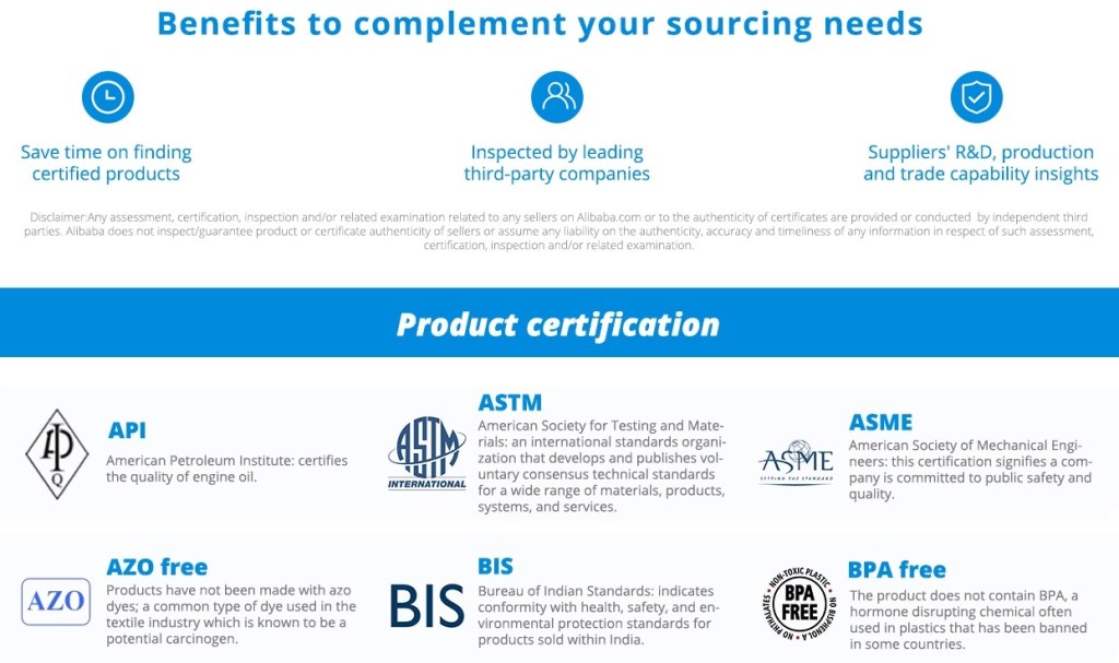 Alibaba management & product certifications