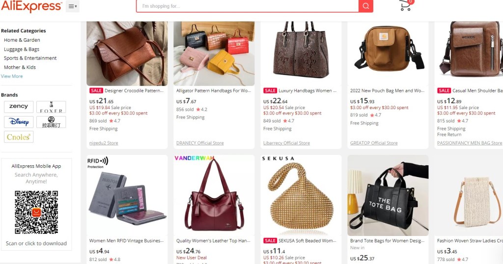 AlIExpress tote bag, handbag, purse, & wallet dropshipping supplier