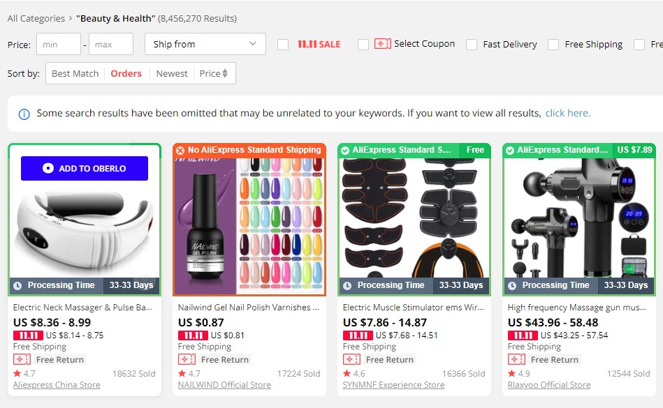 AliExpress dropshipping product listings for Beauty & Health niche