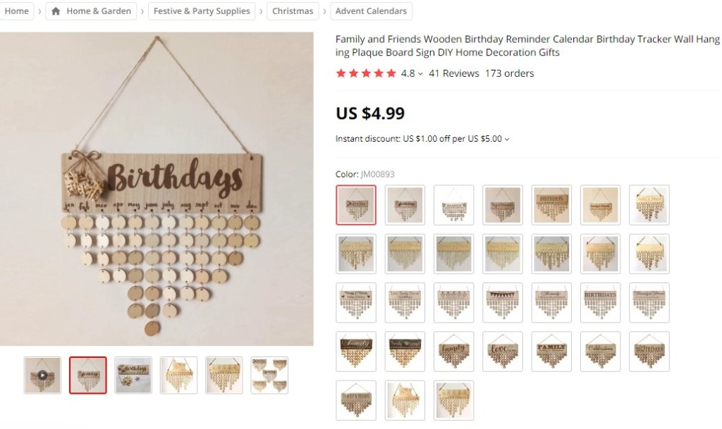 Birthday reminder calendar dropshipping product example