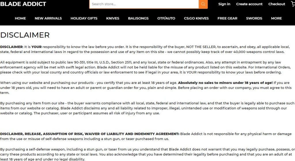 Blade Addict's disclaimer on buying knives for customers.