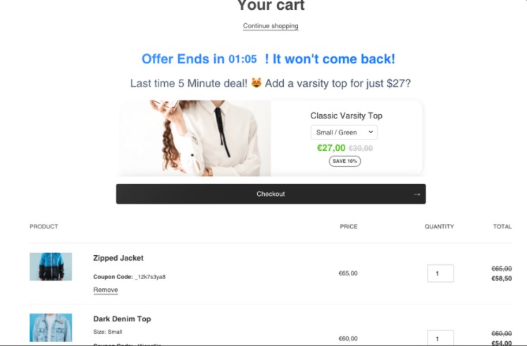 Cart page upselling example