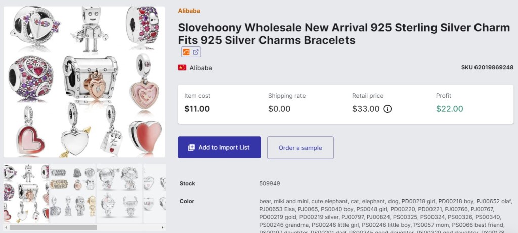Charm dropshipping product example