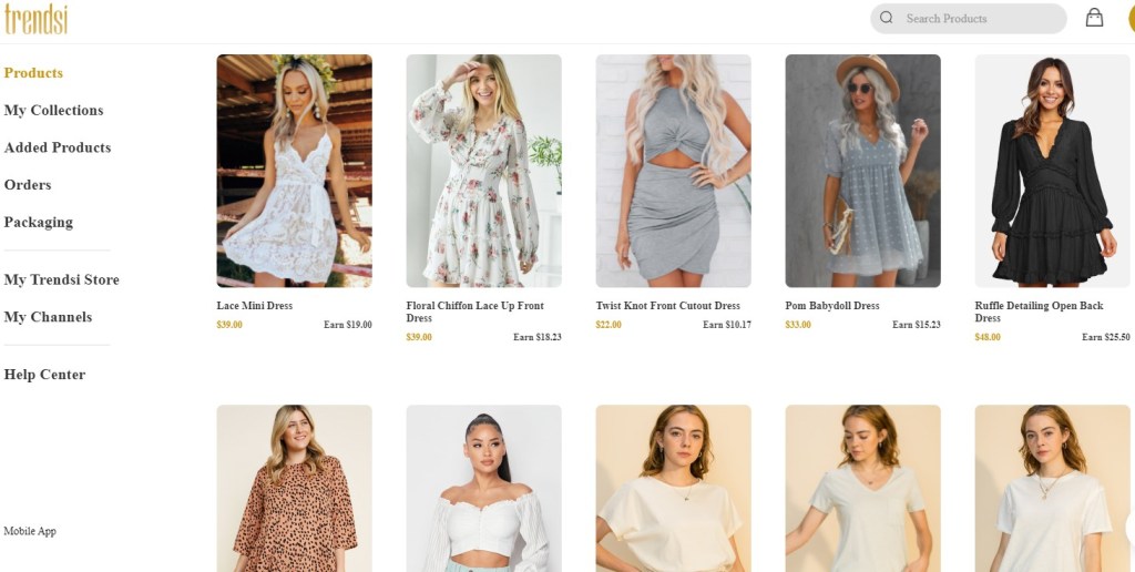 Clothing dropshipping products on Trendsi