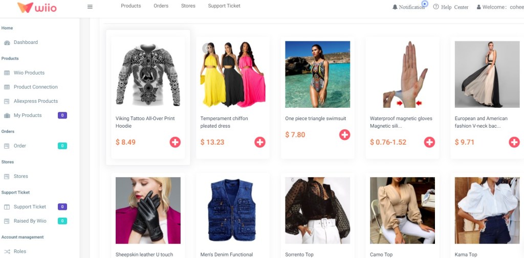 Clothing dropshipping products on Wiio