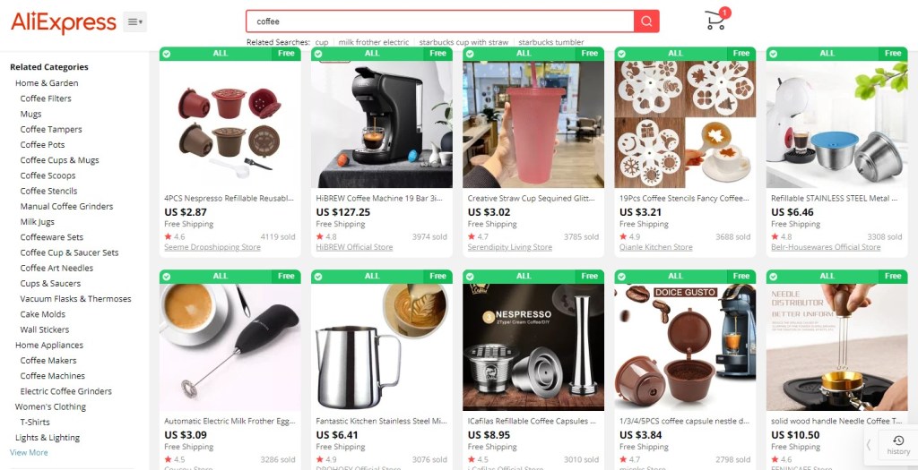 Coffee dropshipping products on AliExpress