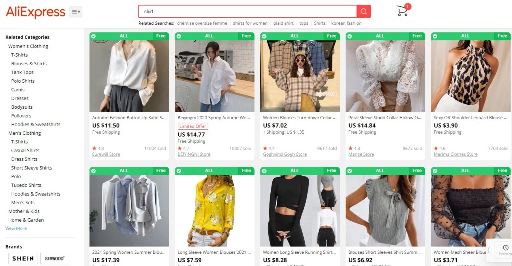 Clothing dropshipping products on AliExpress