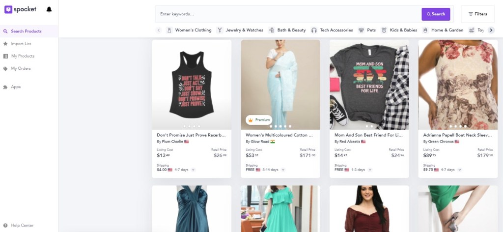 Clothing dropshipping products on Spocket