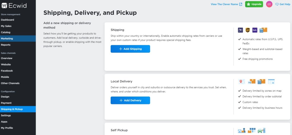 Ecwid shipping & pickup tab