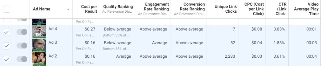 The results from Facebook Lead Ad 2, 3, and 4