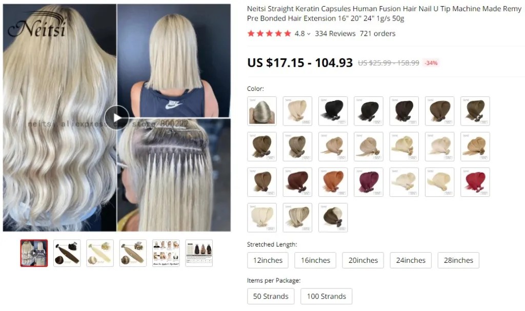Fusion hair extensions dropshipping product example
