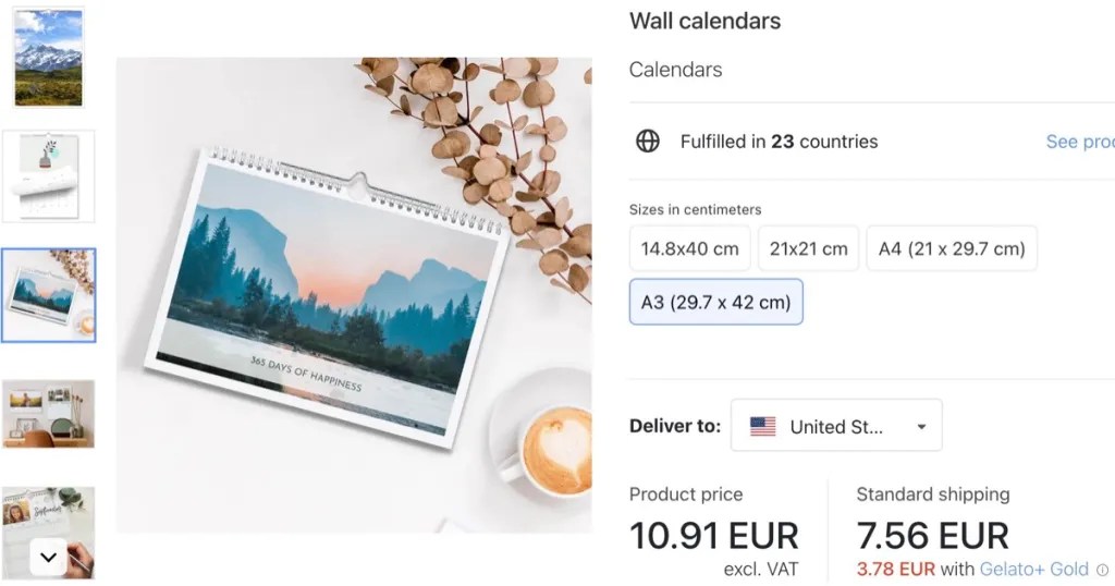 Gelato custom calendar print-on-demand supplier for Etsy