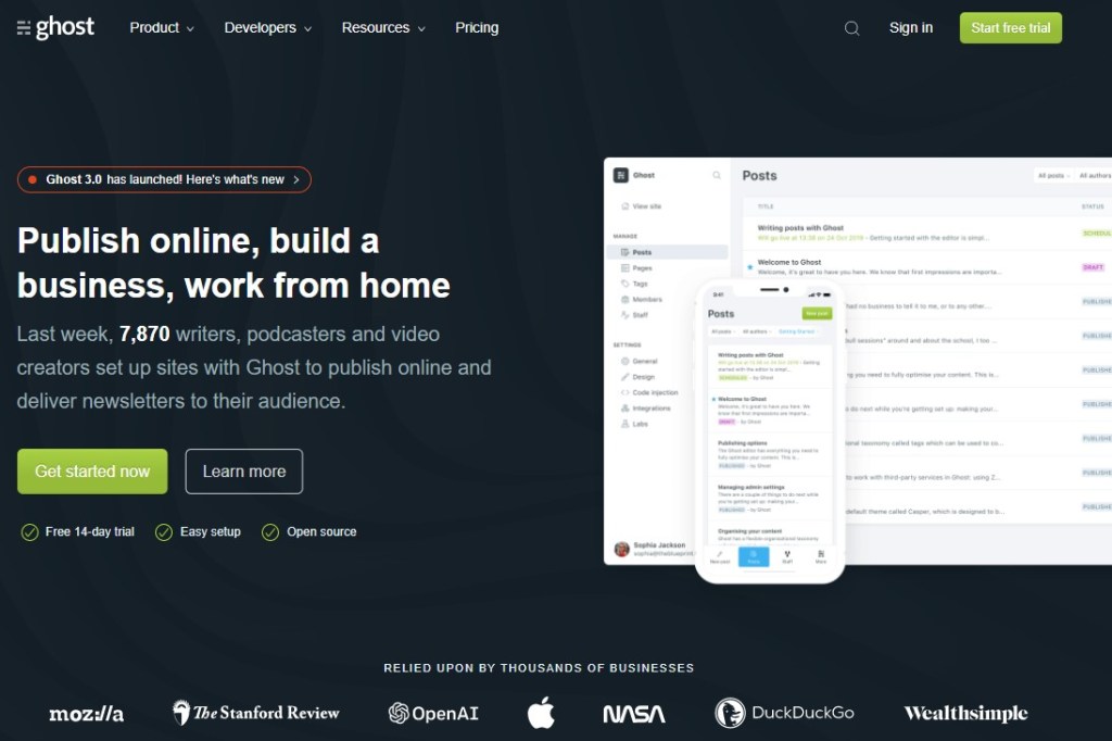 Ghost blogging platform homepage