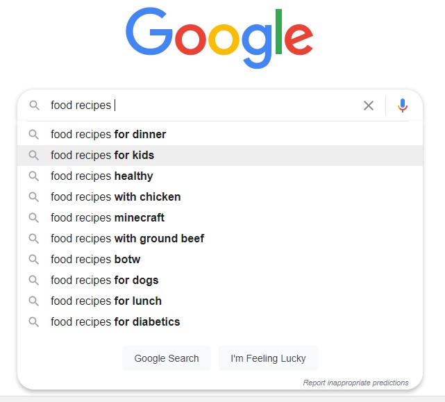 Google Autofill for "food recipes"