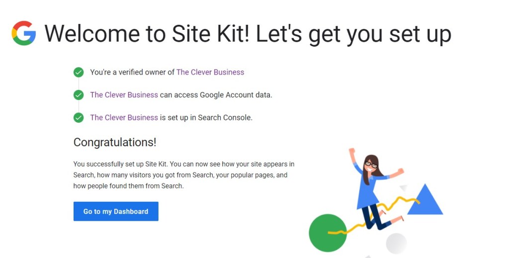 Google Site Kit congratulation message