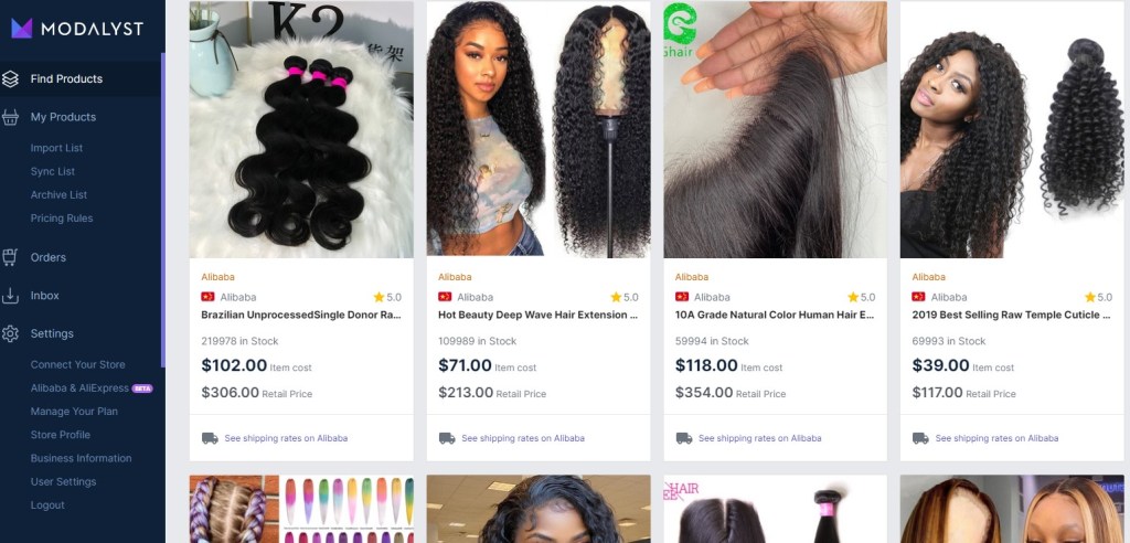 Hair extensions dropshipping products on Modalyst