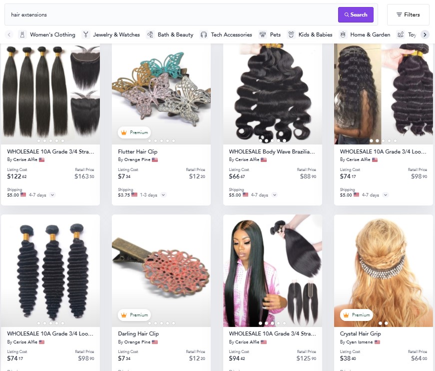 Hair extensions dropshipping products on Spocket