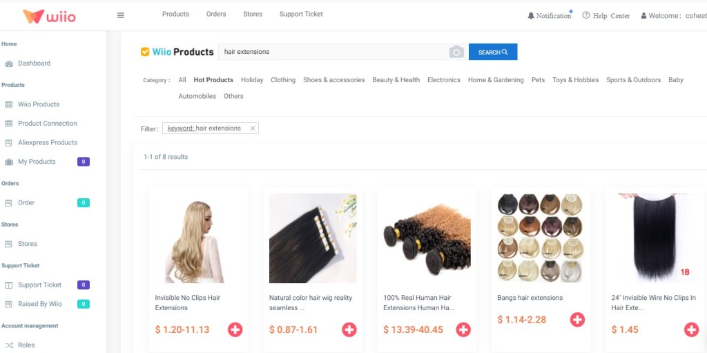 Hair extension dropshipping products on Wiio