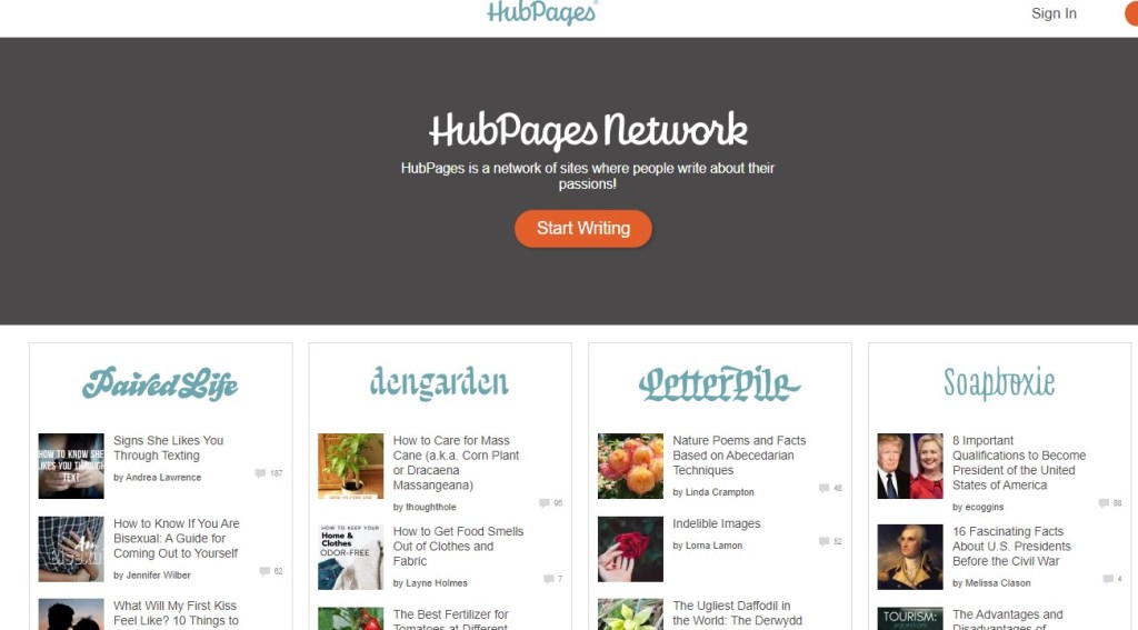 Hubpages blogging platform homepage
