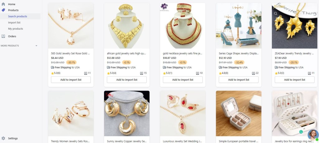 Jewelry dropshipping products on Automizely