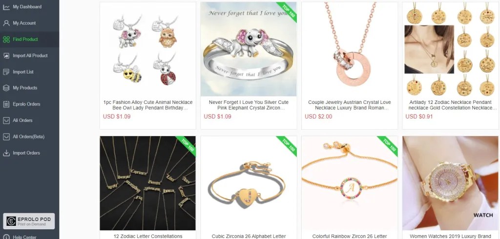 Jewelry dropshipping products on EPROLO