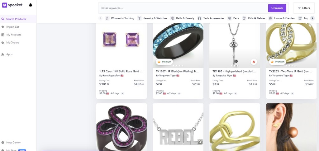 Jewelry dropshipping products on Spocket