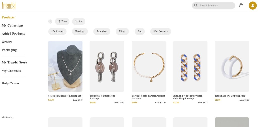 Jewelry dropshipping products on Trendsi