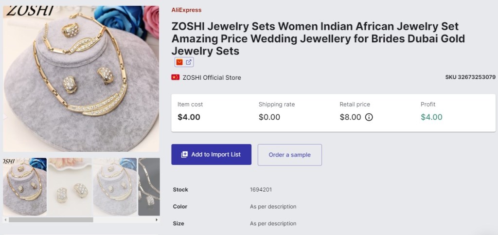 Jewelry set dropshipping product example