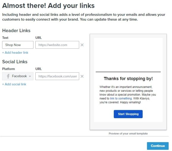 Klaviyo header links and social links setup