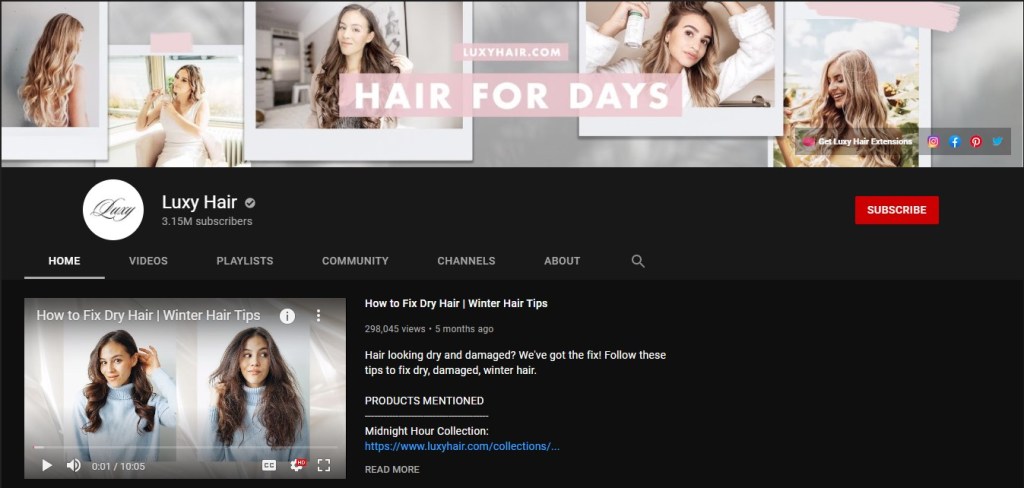 YouTube channel from the Luxy Hair eCommerce & dropshipping store