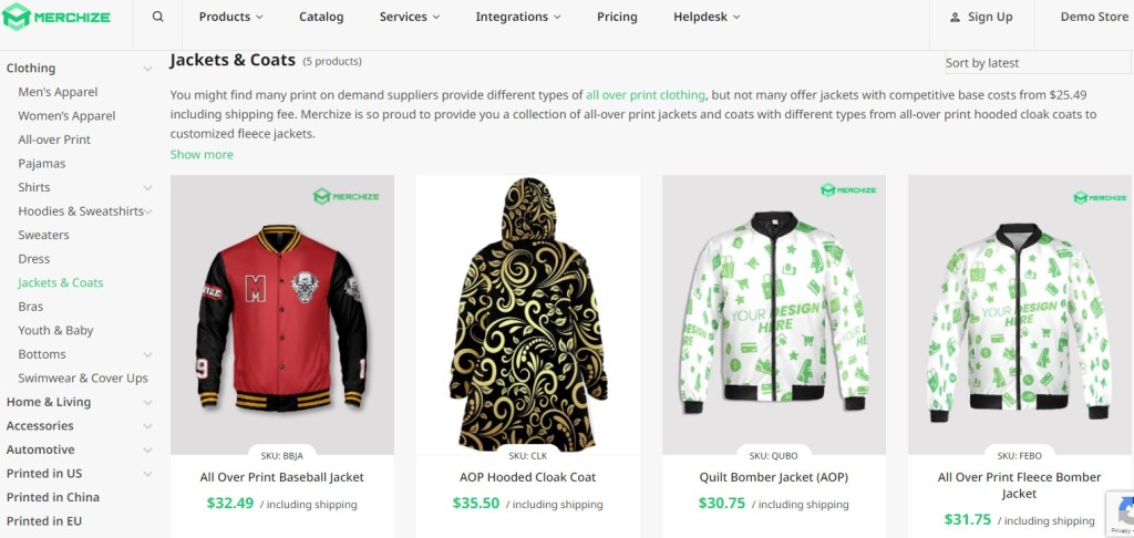 Merchize coat & jacket print-on-demand company