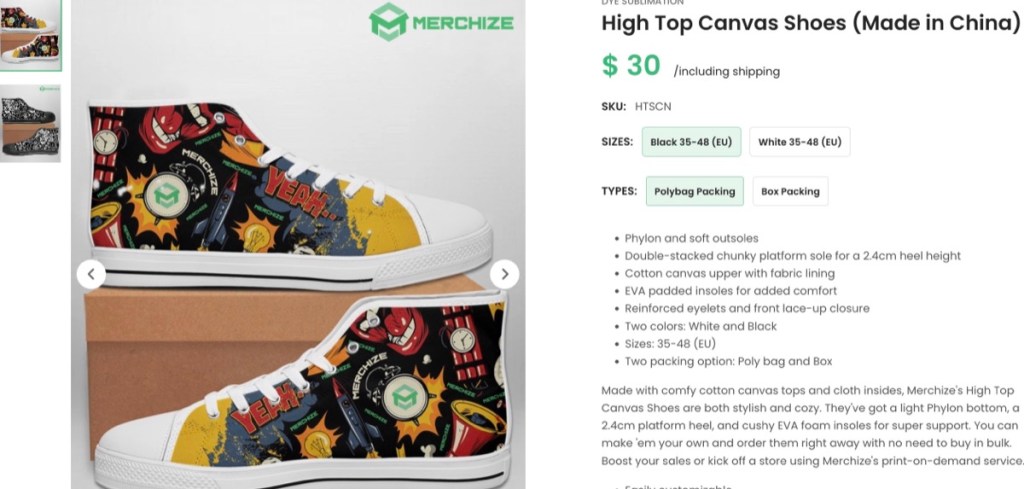 Merchize custom shoes & sneakers print-on-demand supplier for Etsy