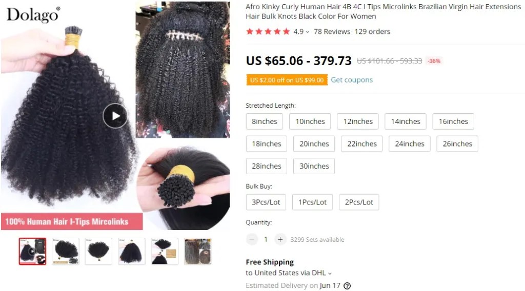 Microlink hair extensions dropshipping product example