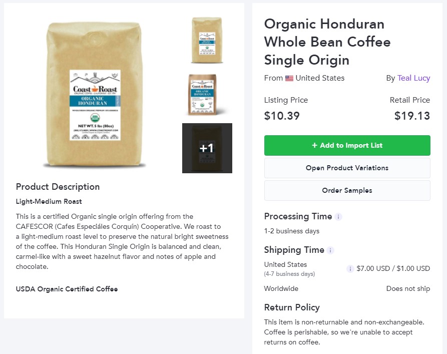 Organic coffee dropshipping product example
