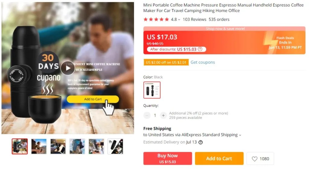Portable coffee machine dropshipping product example