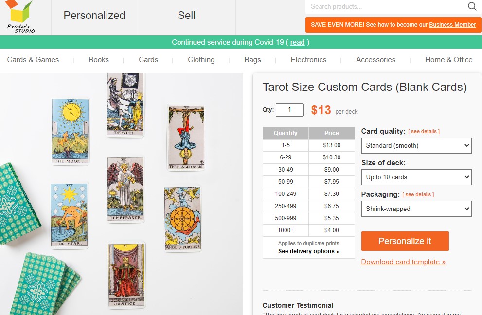 PrinterStudio affirmation deck & tarot oracle card print-on-demand company
