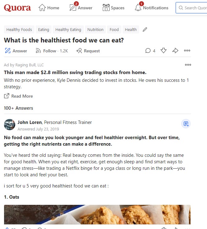Quora answers for "What is the healthiest food we can eat?"