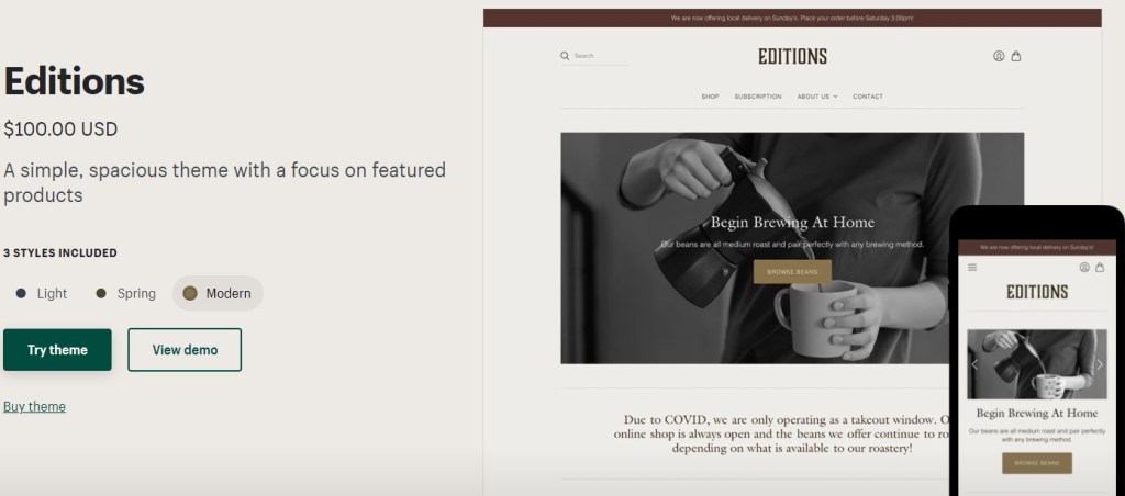 Shopify Editions theme for coffee dropshipping