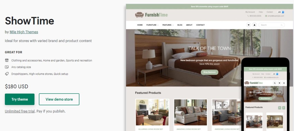 ShowTime Shopify theme for furniture dropshipping stores