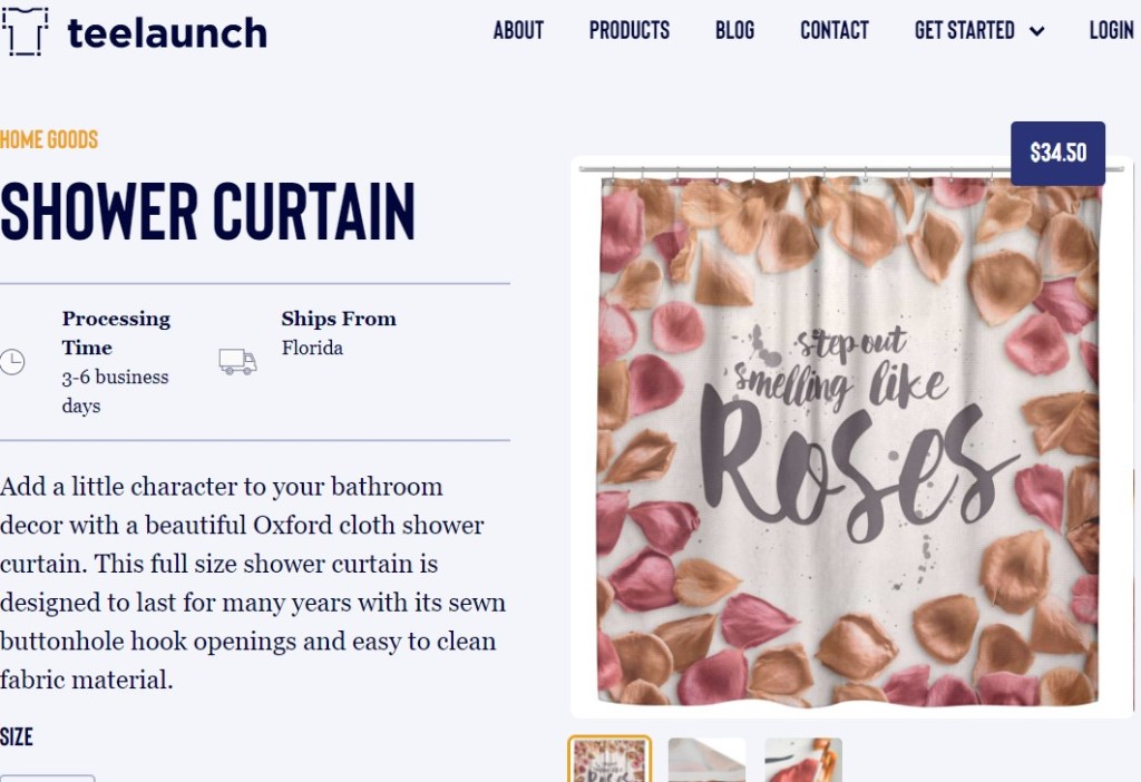 TeeLaunch shower curtain print-on-demand company