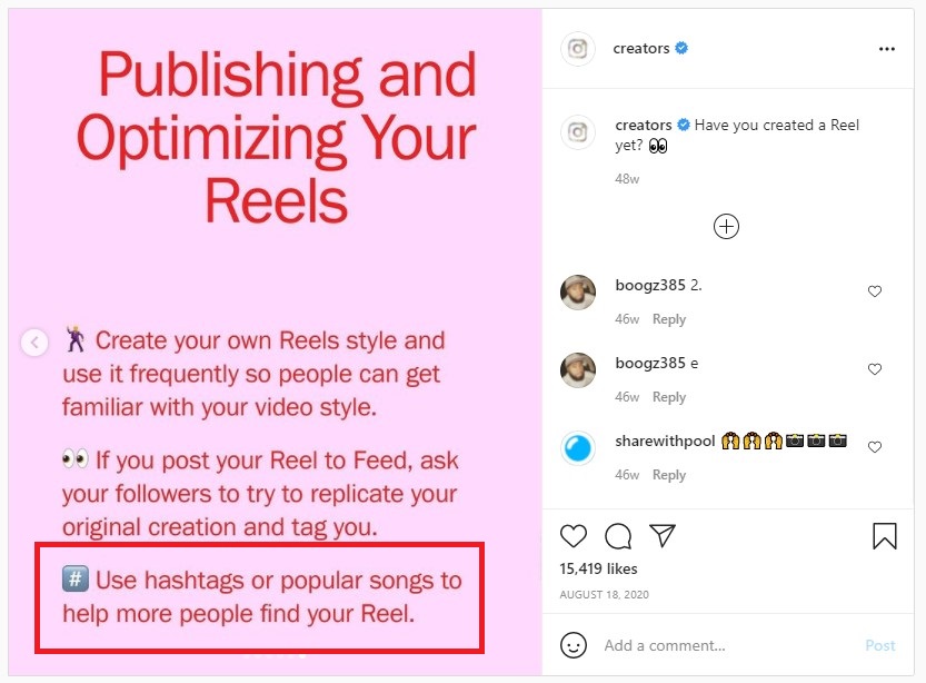 Use relevant hashtags and popular songs on Instagram Reels