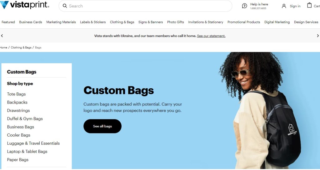 VistaPrint tote, bag, & backpack print-on-demand company