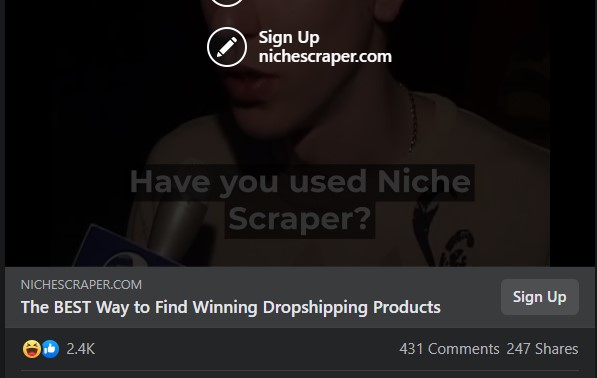 Winning dropshipping product research tool ad example