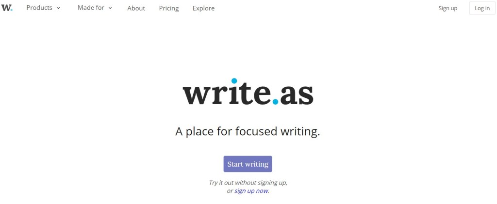 Write.as blogging platform homepage
